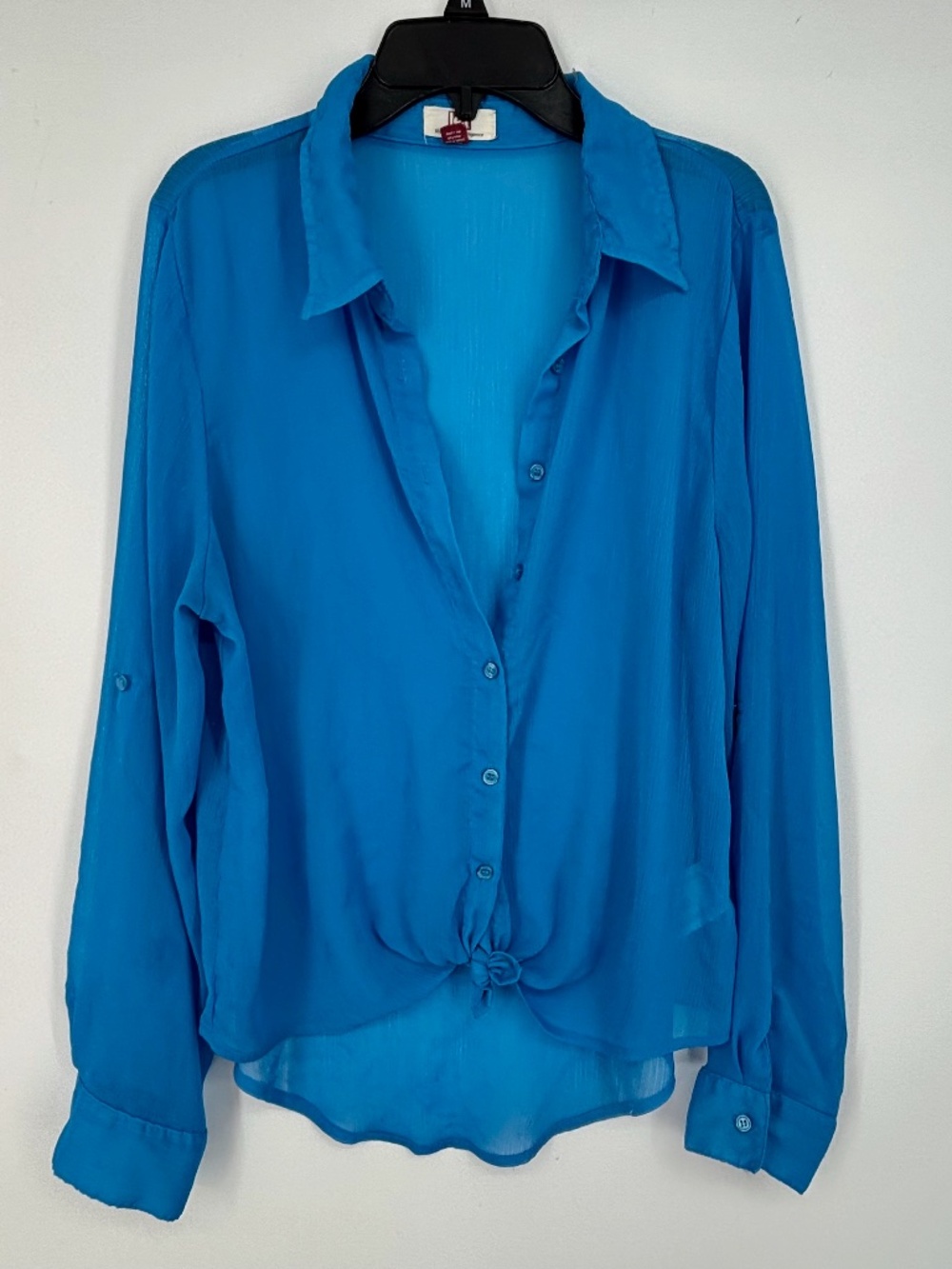 LEI Juniors Large Button Front Shirt Sheer Turquoise Crinkle Tie Hem Long Sleeve